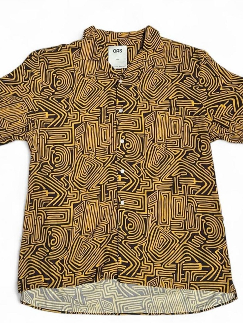OAS Sweden Tawny Golconda Viscose Resort Shirt XXL Yellow Abstract Labyrinth